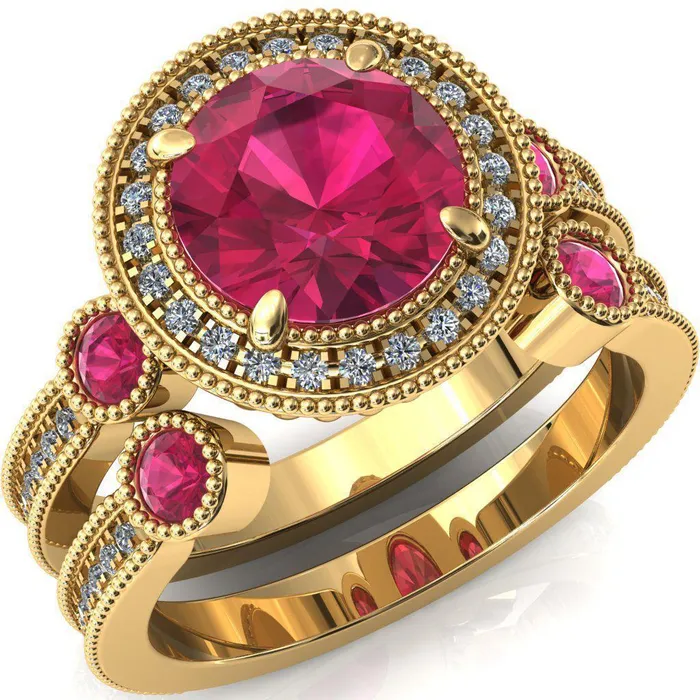 Brachium Round Ruby Bezel Milgrain Halo 34 Eternity Accent Diamond Ring Fire Brilliance Rings