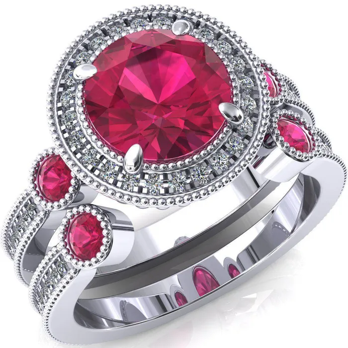 Brachium Round Ruby Bezel Milgrain Halo 34 Eternity Accent Diamond Ring Fire Brilliance Rings