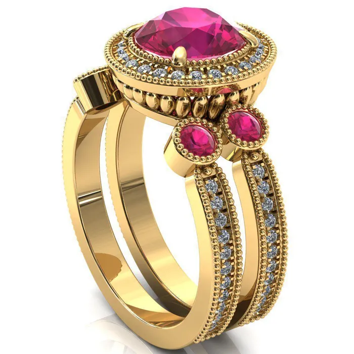 Brachium Round Ruby Bezel Milgrain Halo 34 Eternity Accent Diamond Ring Fire Brilliance Rings
