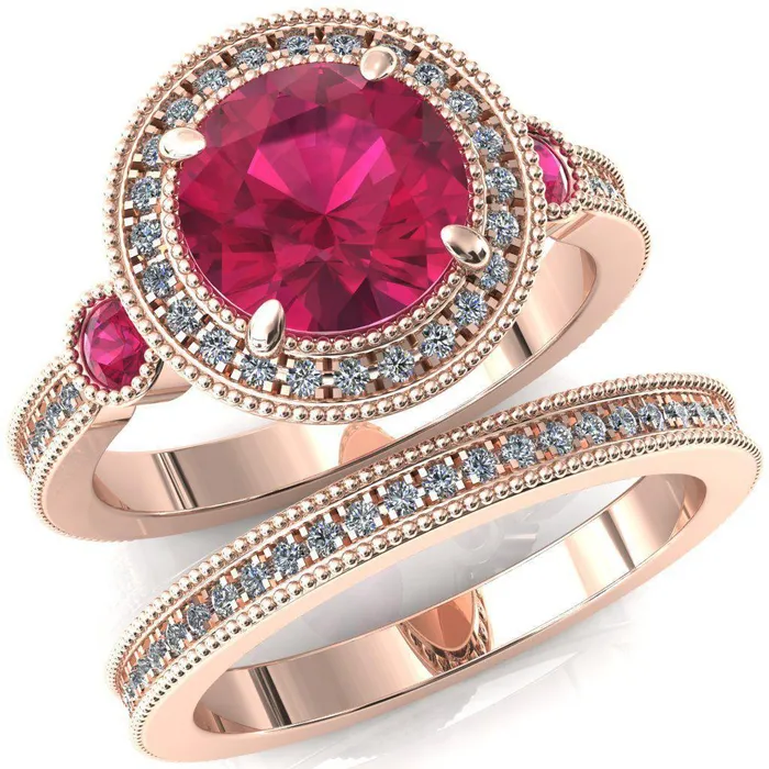 Brachium Round Ruby Bezel Milgrain Halo 34 Eternity Accent Diamond Ring Fire Brilliance Rings