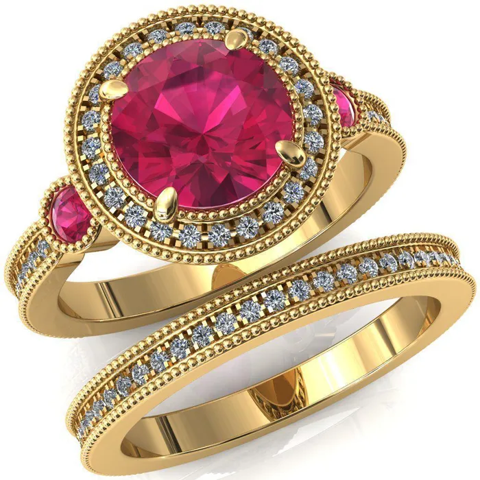 Brachium Round Ruby Bezel Milgrain Halo 34 Eternity Accent Diamond Ring Fire Brilliance Rings