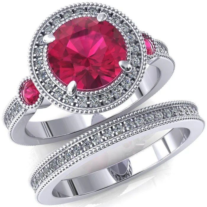 Brachium Round Ruby Bezel Milgrain Halo 34 Eternity Accent Diamond Ring Fire Brilliance Rings
