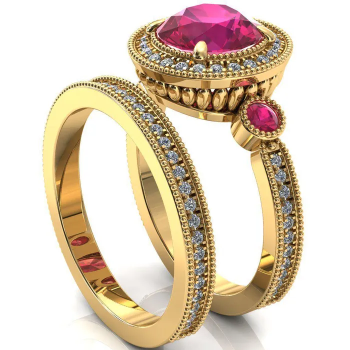 Brachium Round Ruby Bezel Milgrain Halo 34 Eternity Accent Diamond Ring Fire Brilliance Rings