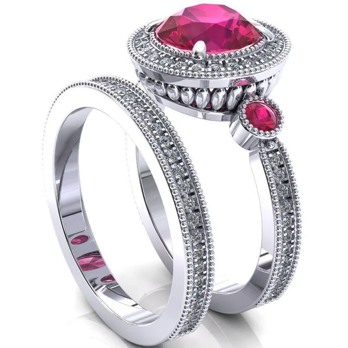 Brachium Round Ruby Bezel Milgrain Halo 34 Eternity Accent Diamond Ring Fire Brilliance Rings