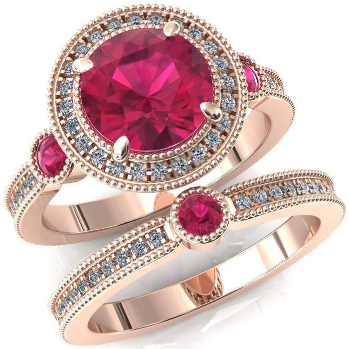 Brachium Round Ruby Bezel Milgrain Halo 34 Eternity Accent Diamond Ring Fire Brilliance Rings
