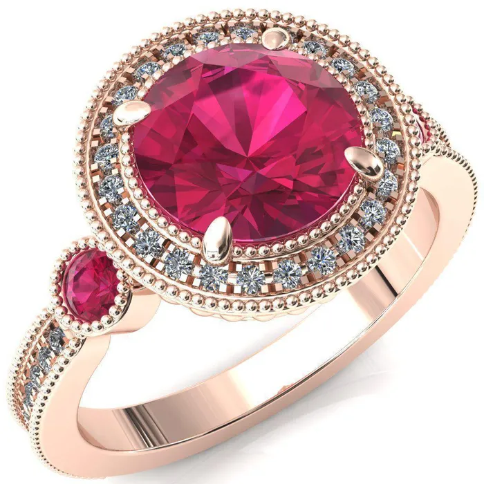 Brachium Round Ruby Bezel Milgrain Halo 34 Eternity Accent Diamond Ring Fire Brilliance Rings