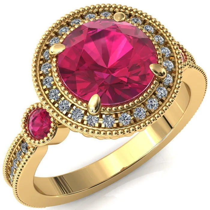 Brachium Round Ruby Bezel Milgrain Halo 34 Eternity Accent Diamond Ring Fire Brilliance Rings