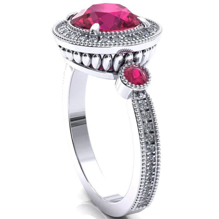 Brachium Round Ruby Bezel Milgrain Halo 34 Eternity Accent Diamond Ring Fire Brilliance Rings