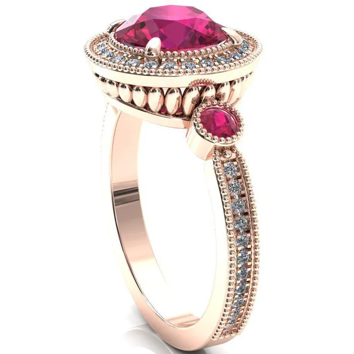 Brachium Round Ruby Bezel Milgrain Halo 34 Eternity Accent Diamond Ring Fire Brilliance Rings