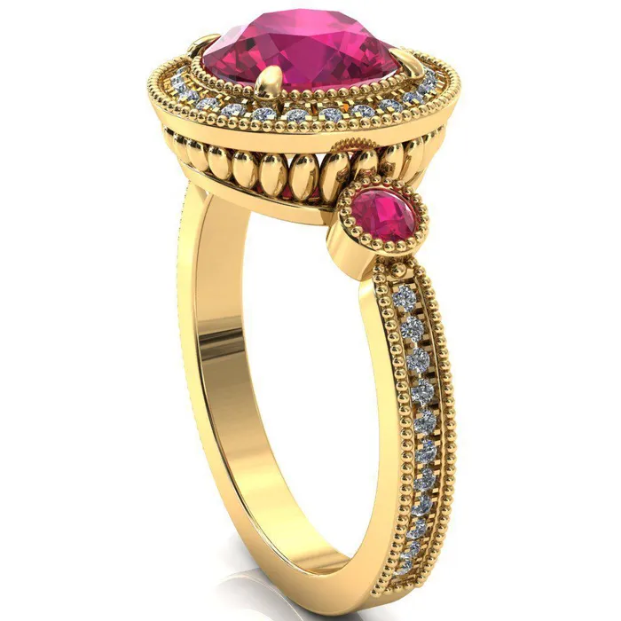 Brachium Round Ruby Bezel Milgrain Halo 34 Eternity Accent Diamond Ring Fire Brilliance Rings