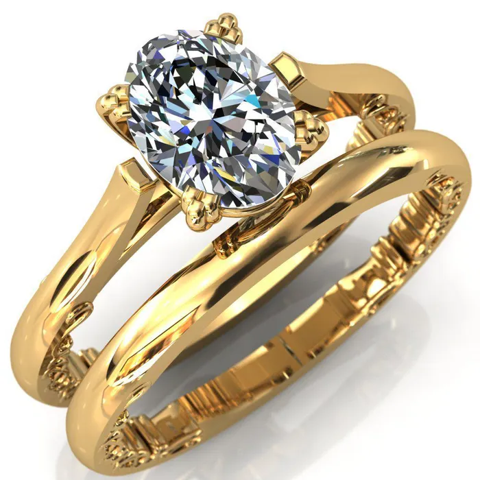 Charlemagne Oval Center Stone Triple Four Prong Set Ornate Filigree Band Engagement Ring Fire Brilliance Rings