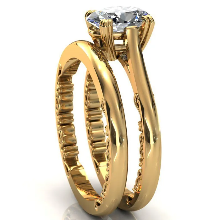 Charlemagne Oval Center Stone Triple Four Prong Set Ornate Filigree Band Engagement Ring Fire Brilliance Rings