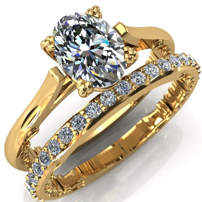 Charlemagne Oval Center Stone Triple Four Prong Set Ornate Filigree Band Engagement Ring Fire Brilliance Rings