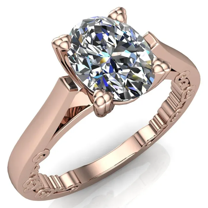 Charlemagne Oval Center Stone Triple Four Prong Set Ornate Filigree Band Engagement Ring Fire Brilliance Rings