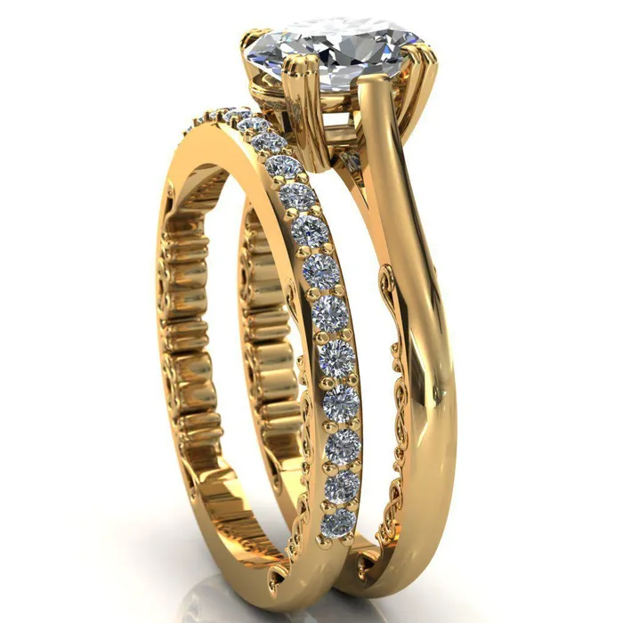 Charlemagne Oval Center Stone Triple Four Prong Set Ornate Filigree Band Engagement Ring Fire Brilliance Rings