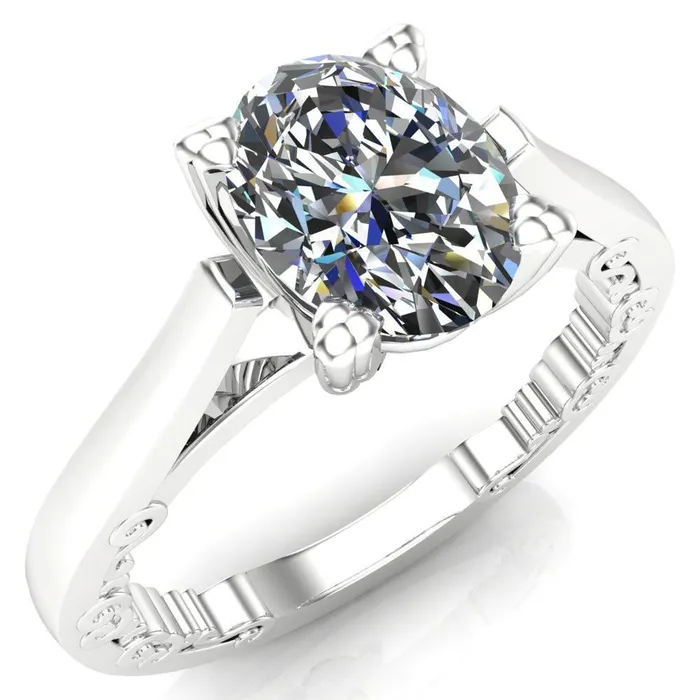 Charlemagne Oval Center Stone Triple Four Prong Set Ornate Filigree Band Engagement Ring Fire Brilliance Rings