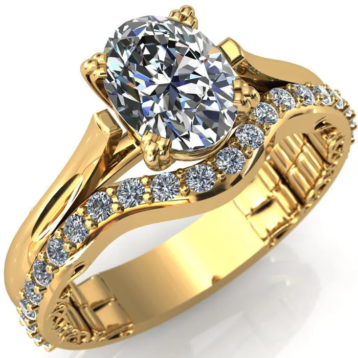 Charlemagne Oval Center Stone Triple Four Prong Set Ornate Filigree Band Engagement Ring Fire Brilliance Rings