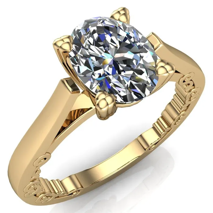 Charlemagne Oval Center Stone Triple Four Prong Set Ornate Filigree Band Engagement Ring Fire Brilliance Rings
