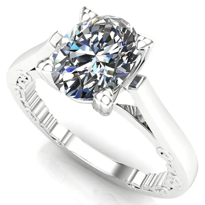 Charlemagne Oval Center Stone Triple Four Prong Set Ornate Filigree Band Engagement Ring Fire Brilliance Rings