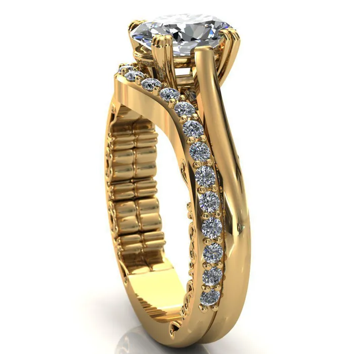 Charlemagne Oval Center Stone Triple Four Prong Set Ornate Filigree Band Engagement Ring Fire Brilliance Rings