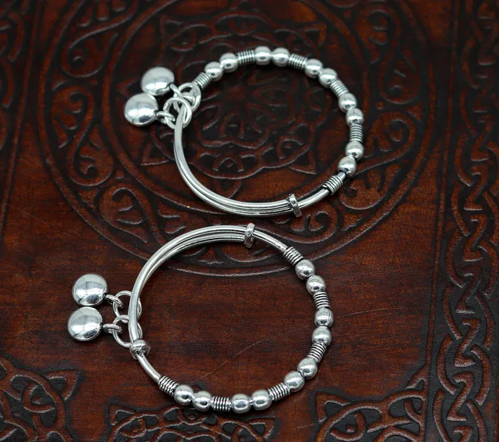 Dainty 925 sterling silver handmade beaded vintage adjustable charm baby bangles kada silver new born kids jewelry pretty gifts bbk65 TRIBAL ORNAMENTS Rings