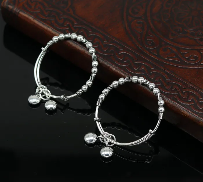 Dainty 925 sterling silver handmade beaded vintage adjustable charm baby bangles kada silver new born kids jewelry pretty gifts bbk65 TRIBAL ORNAMENTS Rings
