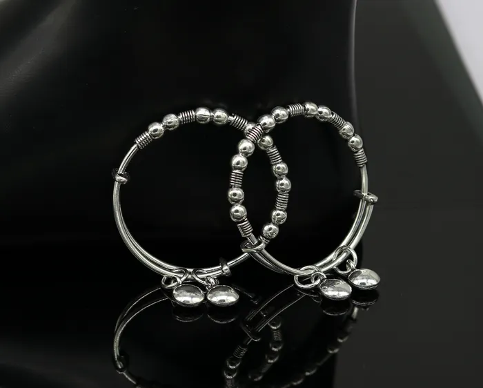 Dainty 925 sterling silver handmade beaded vintage adjustable charm baby bangles kada silver new born kids jewelry pretty gifts bbk65 TRIBAL ORNAMENTS Rings