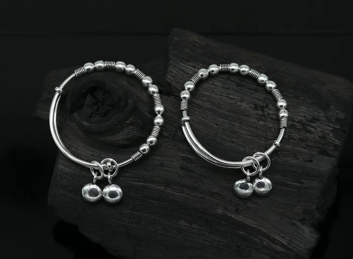 Dainty 925 sterling silver handmade beaded vintage adjustable charm baby bangles kada silver new born kids jewelry pretty gifts bbk65 TRIBAL ORNAMENTS Rings