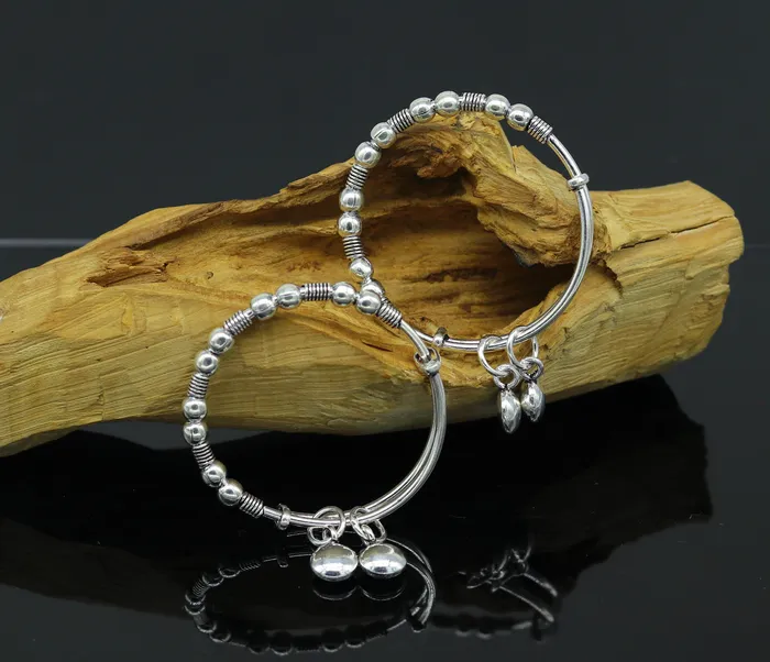 Dainty 925 sterling silver handmade beaded vintage adjustable charm baby bangles kada silver new born kids jewelry pretty gifts bbk65 TRIBAL ORNAMENTS Rings