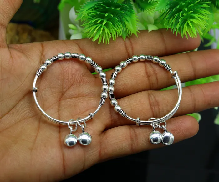 Dainty 925 sterling silver handmade beaded vintage adjustable charm baby bangles kada silver new born kids jewelry pretty gifts bbk65 TRIBAL ORNAMENTS Rings