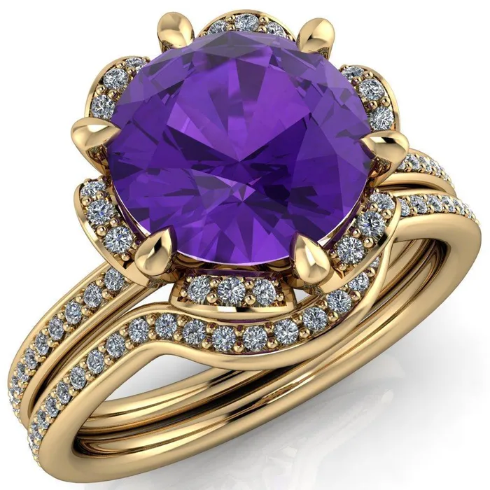 Daisy Round Amethyst Floral Diamond Basket Design and Diamond Shoulders Ring Fire Brilliance Rings Daisy Round Amethyst Floral Diamond Basket Design and Diamond Shoulders Ring Fire Brilliance Rings