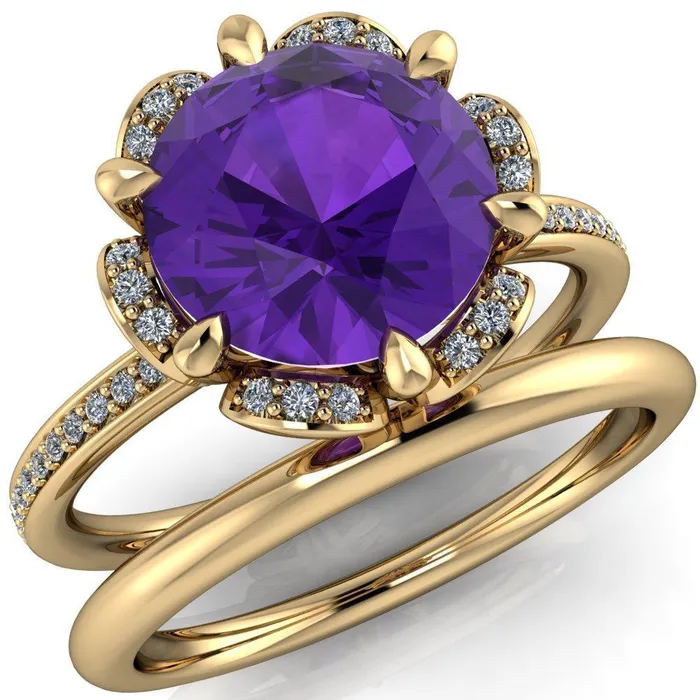 Daisy Round Amethyst Floral Diamond Basket Design and Diamond Shoulders Ring Fire Brilliance Rings