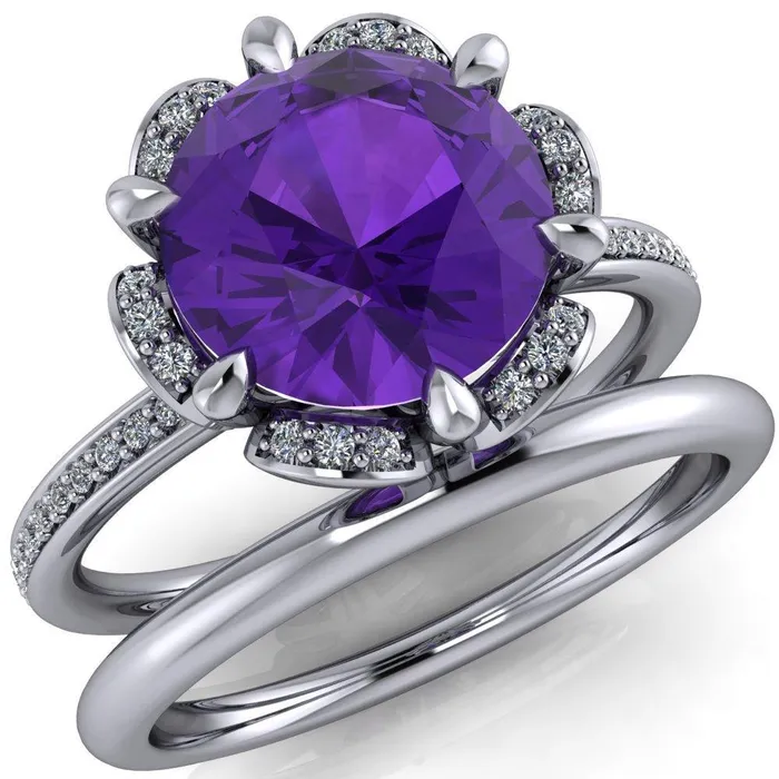 Daisy Round Amethyst Floral Diamond Basket Design and Diamond Shoulders Ring Fire Brilliance Rings