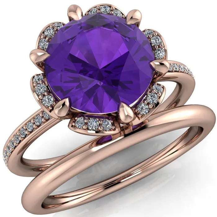 Daisy Round Amethyst Floral Diamond Basket Design and Diamond Shoulders Ring Fire Brilliance Rings