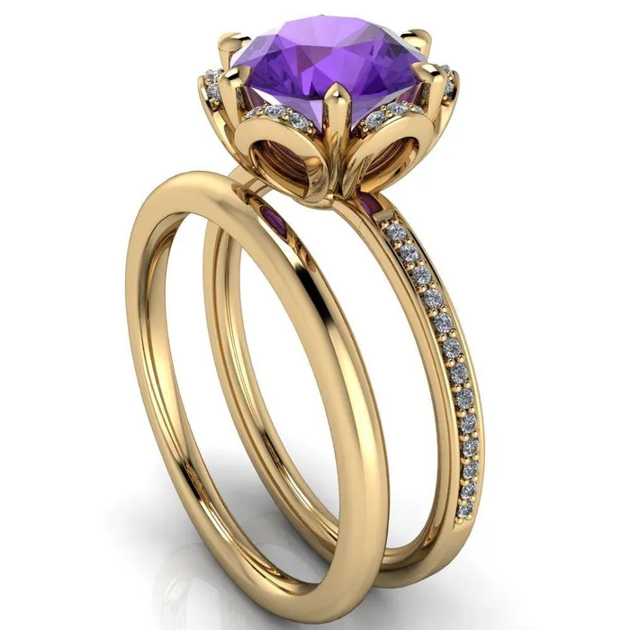 Daisy Round Amethyst Floral Diamond Basket Design and Diamond Shoulders Ring Fire Brilliance Rings