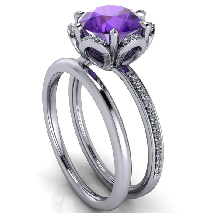 Daisy Round Amethyst Floral Diamond Basket Design and Diamond Shoulders Ring Fire Brilliance Rings