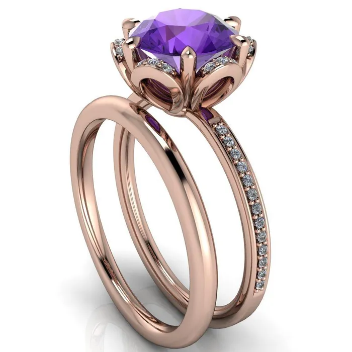 Daisy Round Amethyst Floral Diamond Basket Design and Diamond Shoulders Ring Fire Brilliance Rings
