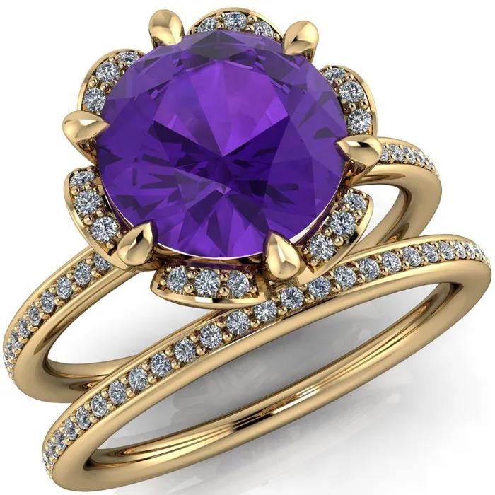 Daisy Round Amethyst Floral Diamond Basket Design and Diamond Shoulders Ring Fire Brilliance Rings