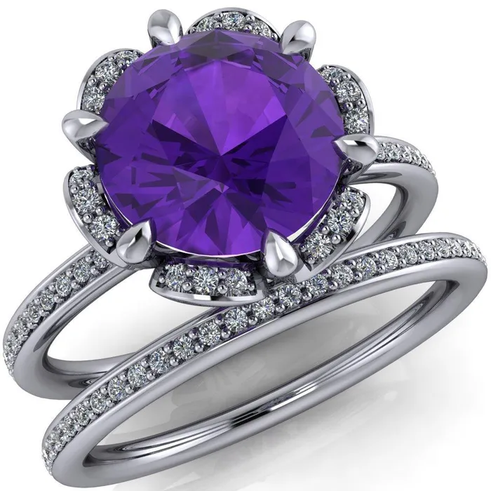 Daisy Round Amethyst Floral Diamond Basket Design and Diamond Shoulders Ring Fire Brilliance Rings