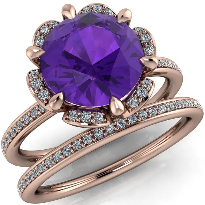 Daisy Round Amethyst Floral Diamond Basket Design and Diamond Shoulders Ring Fire Brilliance Rings