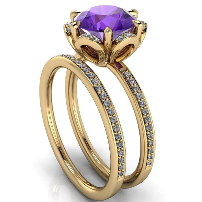 Daisy Round Amethyst Floral Diamond Basket Design and Diamond Shoulders Ring Fire Brilliance Rings