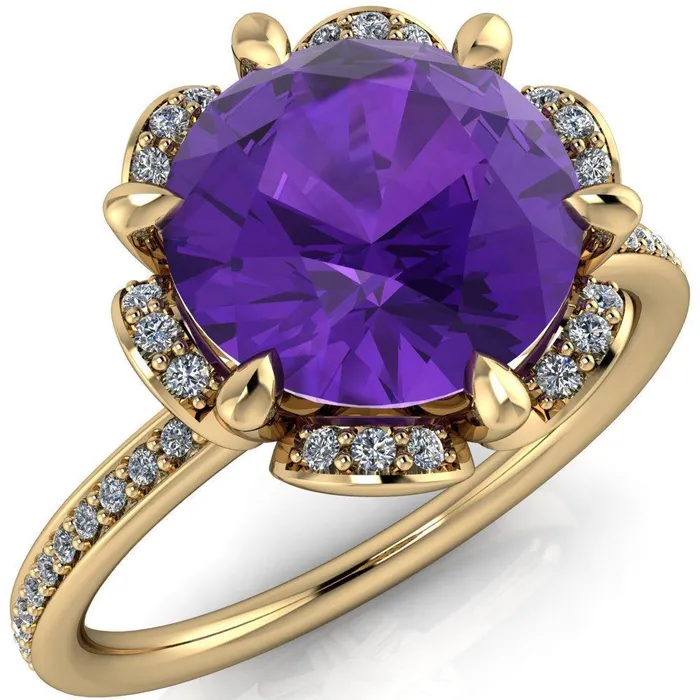 Daisy Round Amethyst Floral Diamond Basket Design and Diamond Shoulders Ring Fire Brilliance Rings