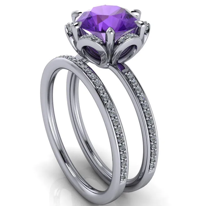 Daisy Round Amethyst Floral Diamond Basket Design and Diamond Shoulders Ring Fire Brilliance Rings