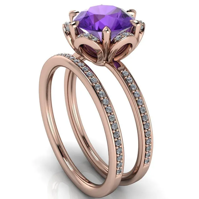 Daisy Round Amethyst Floral Diamond Basket Design and Diamond Shoulders Ring Fire Brilliance Rings