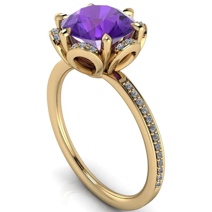 Daisy Round Amethyst Floral Diamond Basket Design and Diamond Shoulders Ring Fire Brilliance Rings