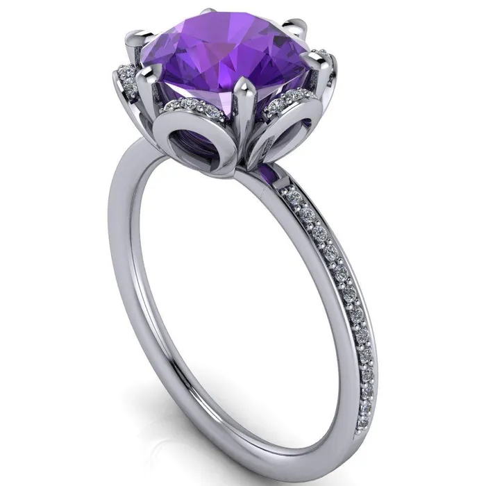 Daisy Round Amethyst Floral Diamond Basket Design and Diamond Shoulders Ring Fire Brilliance Rings