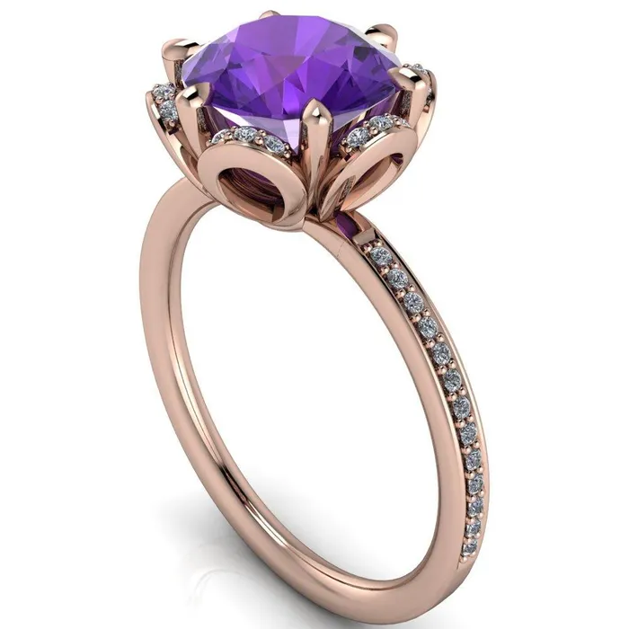 Daisy Round Amethyst Floral Diamond Basket Design and Diamond Shoulders Ring Fire Brilliance Rings