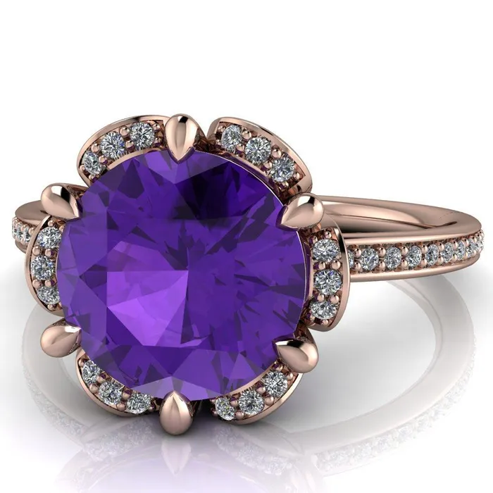 Daisy Round Amethyst Floral Diamond Basket Design and Diamond Shoulders Ring Fire Brilliance Rings
