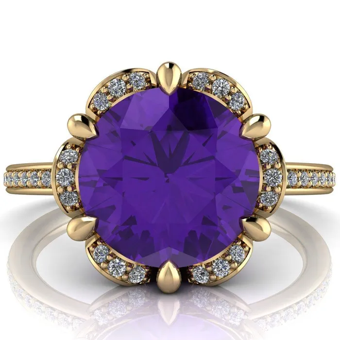 Daisy Round Amethyst Floral Diamond Basket Design and Diamond Shoulders Ring Fire Brilliance Rings