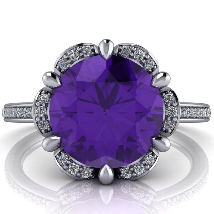 Daisy Round Amethyst Floral Diamond Basket Design and Diamond Shoulders Ring Fire Brilliance Rings